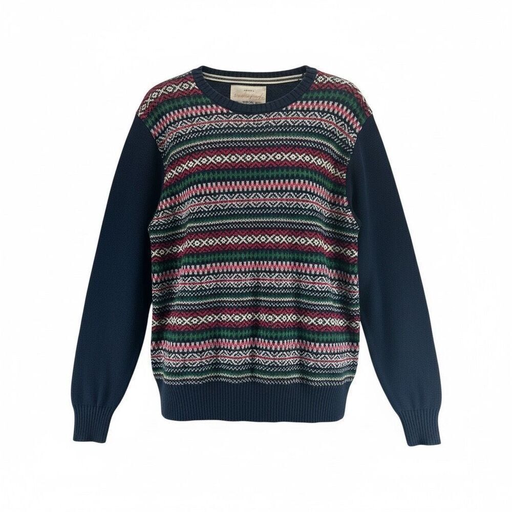 Men’s M Fair Isle Knit Sweater Navy Multicolor 100% Cotton Winter Holiday